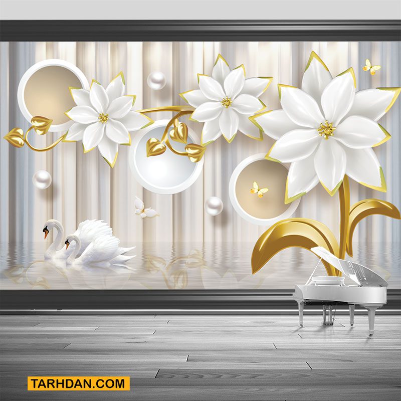 دانلود کاغذ دیواری طرح گل سفید طلایی