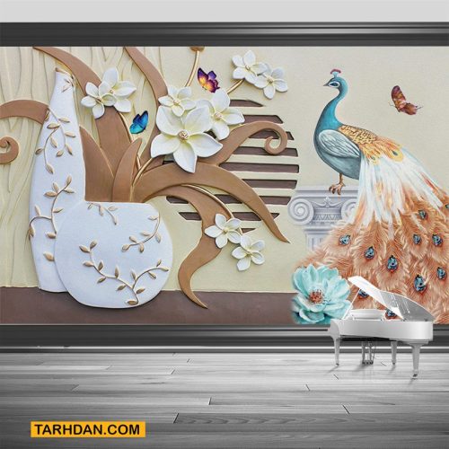 دانلود کاغذ دیواری لایه باز طاووس و گلدان